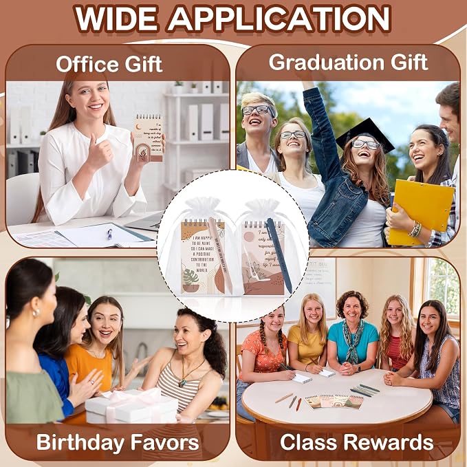 Kosiz 48 Pcs/24 Set Positive Affirmation Gifts Bulk for Women Pocket Spiral Notepads with Motivational Pens Small Bags Mini Self Care Inspirational Notebooks Coworker Team Group Adult Party Favors