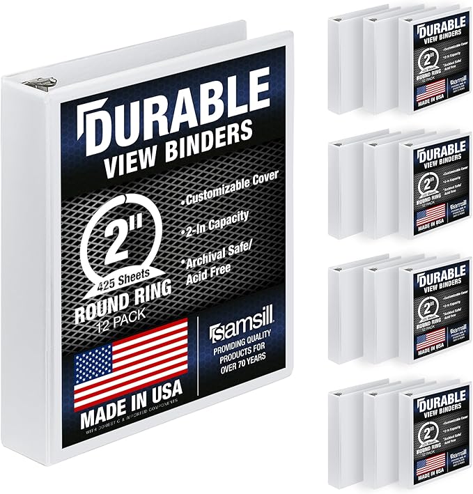 Samsill Durable 2 Inch Binder, Round Ring Customizable Clear View Binder, White, 12 Pack