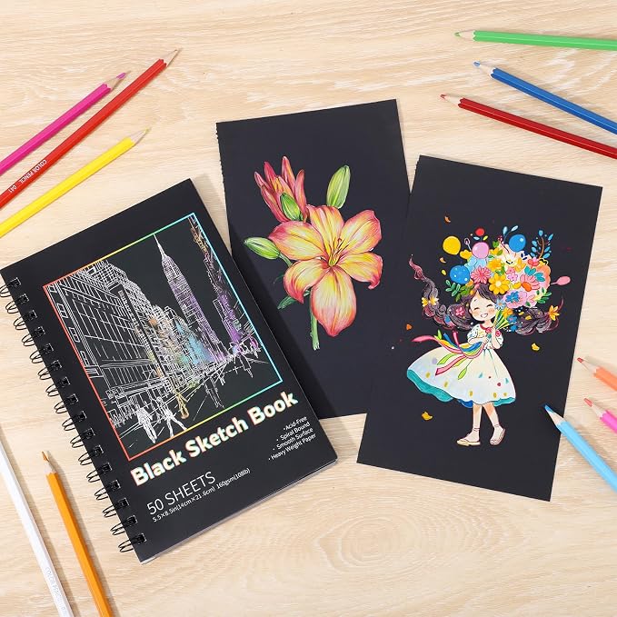 160gsm Black Paper Sketchbook 5.5 x 8.5 in, 50 Acid-Free Drawing Paper | Heavyweight black paper, finely textured, tears cleanly, lays flat, for pencils, chalk, metallic markers