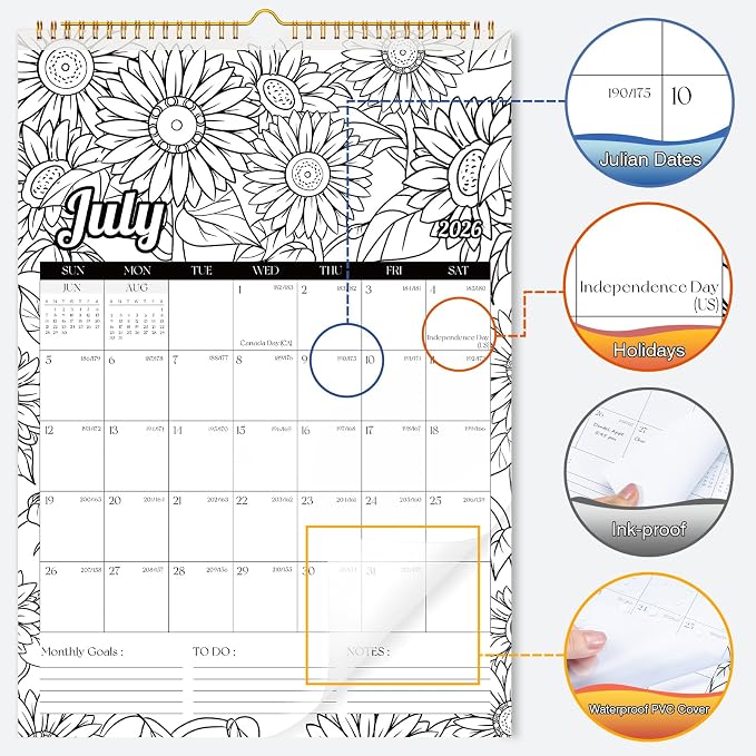 Ospelelf 2026 Coloring Wall Calendar 12'' x 17'' Family Doodle Calendar, 18 Months Desk Calendar Planner with Plastic Cover, Use July 2026 - Dec 2027, Floral