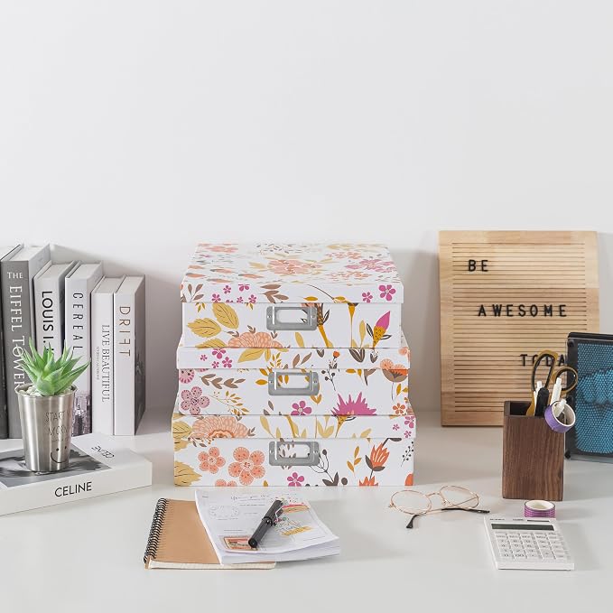 Soul & Lane - Keepsake Storage Boxes with Lids, Set of 3, Floral Collage | Decorative Cardboard Document Box Set for Photos, Scrapbooks and Memories, Large Pretty Letter Organizers for Organizing