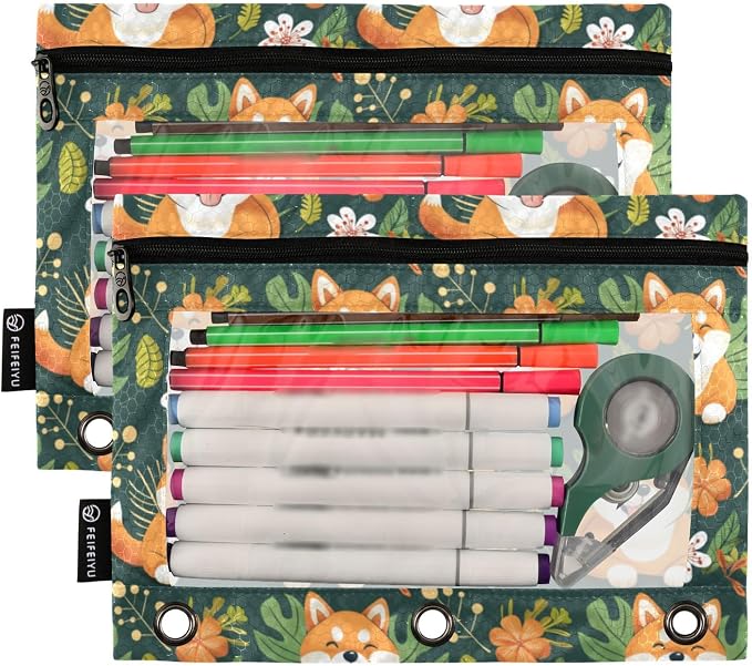 Binder Pencil Pouches, Shiba Inu Dog Pen Case with Clear Window 3 Rings Pen Case Holder Office Supplies