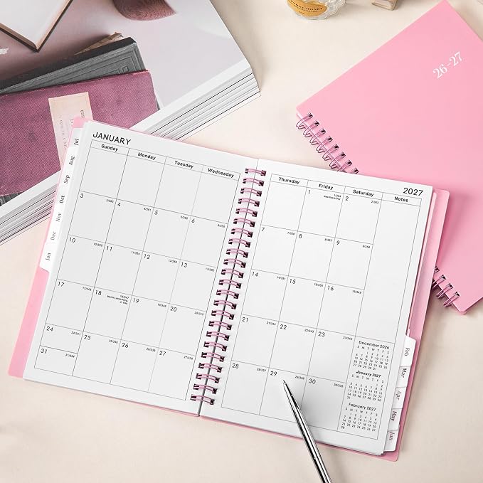 Planner 2026-2027, Jul. 2026 - Jun. 2027, 6.25" x 8.3" | Flexible Cover, A5 Thick Paper, Twin-Wire Binding, 2026-2027 planner weekly and monthly with 12 Month Tabs, Pink