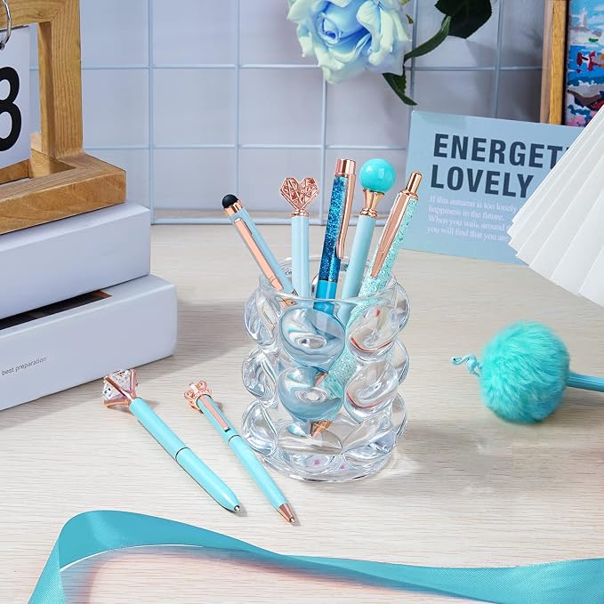 WEMATE 8Pcs Blue Pens, Metal Crystal Diamond Pens with Black & Blue Ink | Cute Fancy Pens for Journaling, Office Supplies, Gifts for Women Girls, Birthday & Back to School Supplies