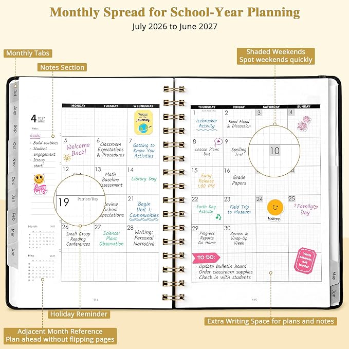 JoyCat Academic Planner 2026-2027, A5 Weekly & Monthly, Black | July 2026-June 2027 A5 planner combines weekly and monthly layouts, tabs, grid notes and sticker sheets.