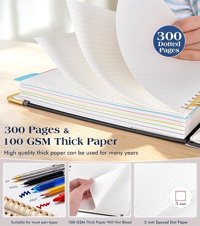 5 Subject Dotted Notebook with Removable Dividers Tabs, 300 Pages Hardcover Leather Dot Grid Spiral Journal, 8"x10" B5 Large Bullet Notebooks for Women Men Work School College Maths Sketching, Black