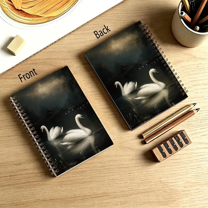 HOXUNQINA Dark Moody Swan Journal Notebook 5.5x8.3 | Swan Gifts for Women Journal, Dark Academia Gothic Moody White Swans Notebooks for Work