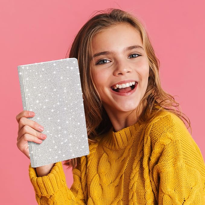 Resholder Rhinestone Pen & Glitter Notebook Set, Hard Cover Bling Diary Journal for Girls, Cute School Supplies for Back to School, Sparkly Desk Accessories Gift for Women(Rhinestone,A5,White)