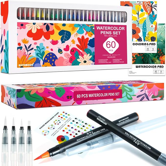 60 Watercolor Pens Set Includes 52 Vivid Colors, Real Brush Tips Paint Markers Set with 4 Blender Pens, Watercolor Pad and Coloring Pad, Art Supplies Gifts for Beginners Young Artists and Adults