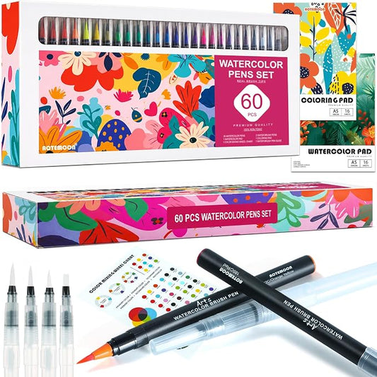 60 Watercolor Pens Set Includes 52 Vivid Colors, Real Brush Tips Paint Markers Set with 4 Blender Pens, Watercolor Pad and Coloring Pad, Art Supplies Gifts for Beginners Young Artists and Adults