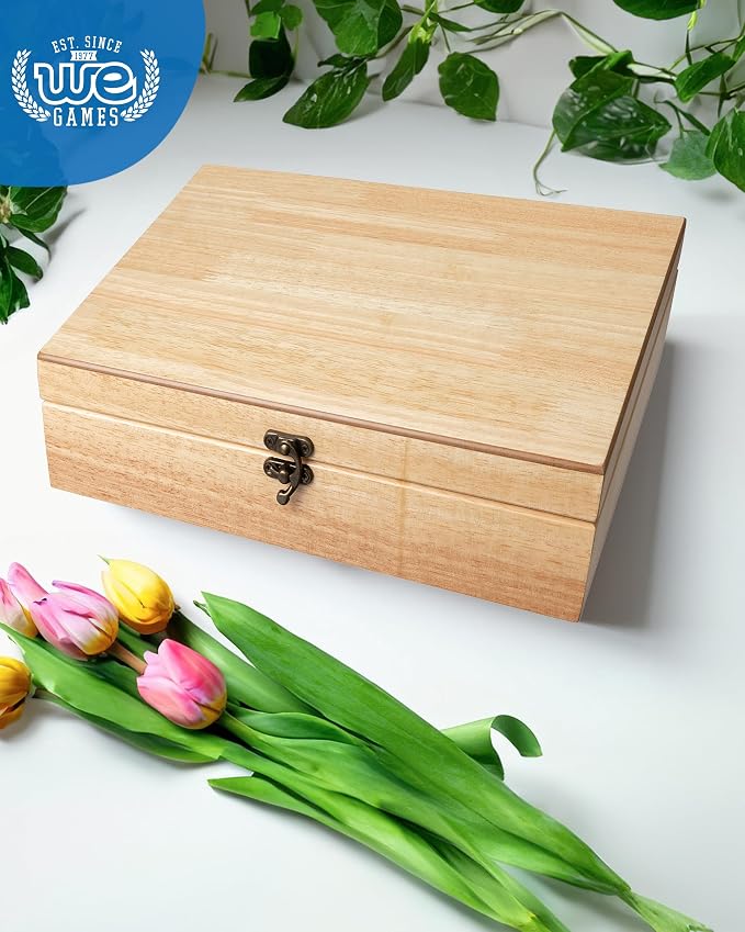 WE Games Old World Wooden Box with Brass Latch – Vintage-Style Wooden Keepsake Box for Jewelry & Trinket Storage, Natural Wood Finish