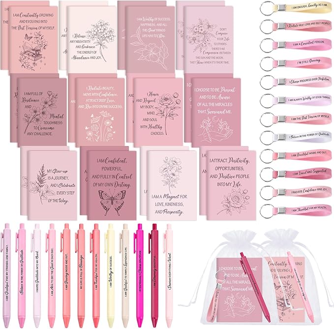 Mooliwe 12 Set Positive Affirmation Gift Set Gratitude Notebooks with Pens Keychains Small Bags Motivational Party Favors for Adult Women Coworkers Employee Group (Pink)