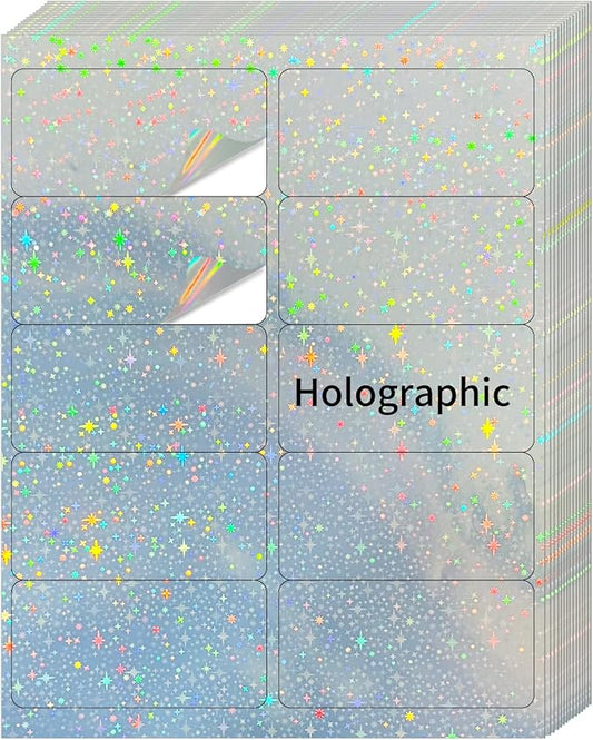 Shipping Labels Stickers, 2"×4" Printable Holographic Mailing Labels for Laser/Inkjet Printing- Matte Holographic Star- 8.5"×11"- 20 Sheet
