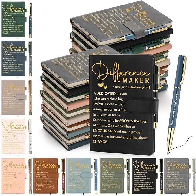 Kosiz 20 Pcs/10 Sets Employee Appreciation Gift Bulk A5 Leather Notebook Inspirational Journal Pen Thank You Gift for Men Women Coworker Teacher Office Back to School(Morandi,Difference Maker)