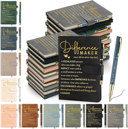 Kosiz 20 Pcs/10 Sets Employee Appreciation Gift Bulk A5 Leather Notebook Inspirational Journal Pen Thank You Gift for Men Women Coworker Teacher Office Back to School(Morandi,Difference Maker)