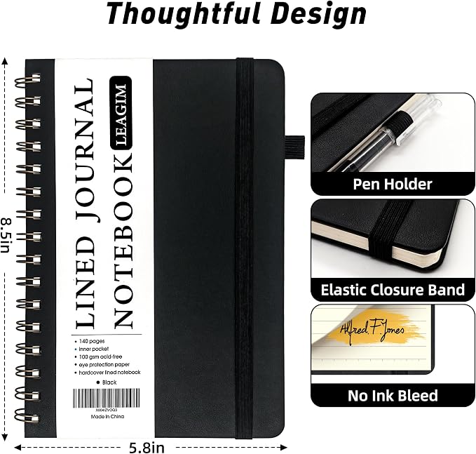 LEAGIM Lined Spiral Journal Notebook for Women & Men, College Ruled Hardcover Notebook for Work & Note Taking, Journals for Writing, 100 GSM, Business, School, 140 Pages, A5(5.8"x8.5") - Black