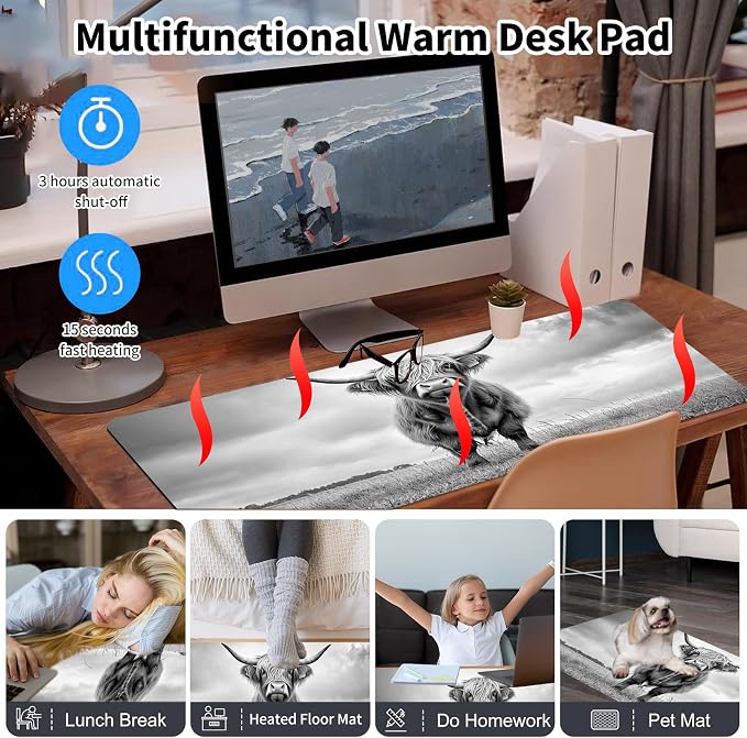 Warm Desk Pad,Heated Desk Pad,Office Mat,3 Heating Levels & 3 Hours Auto Shut-Off,31.5"*13" Gaming Mouse Laptop Keyboard Leather Desk Mat,Cute Highland Cow Black