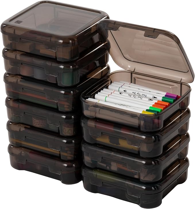 IRIS USA Fits 6" x 6" Paper, 10-Pack Thick Portable Plastic Scrapbook Paper Storage Cases Organizers with Built-in Handle for Art and Craft Supplies, Office Document, Stationery, Photo - Gray