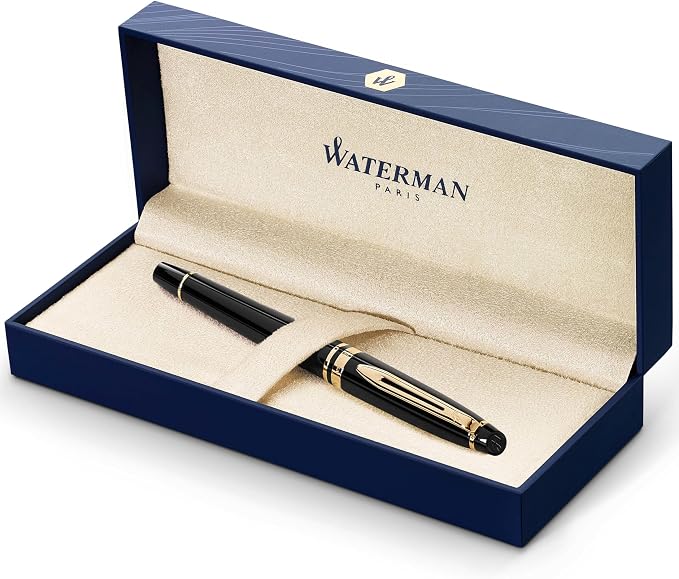 Waterman Expert Fountain Pen, Gloss Black with 23k Gold Trim, Fine Nib, Includes Gift Box - Luxury Writing