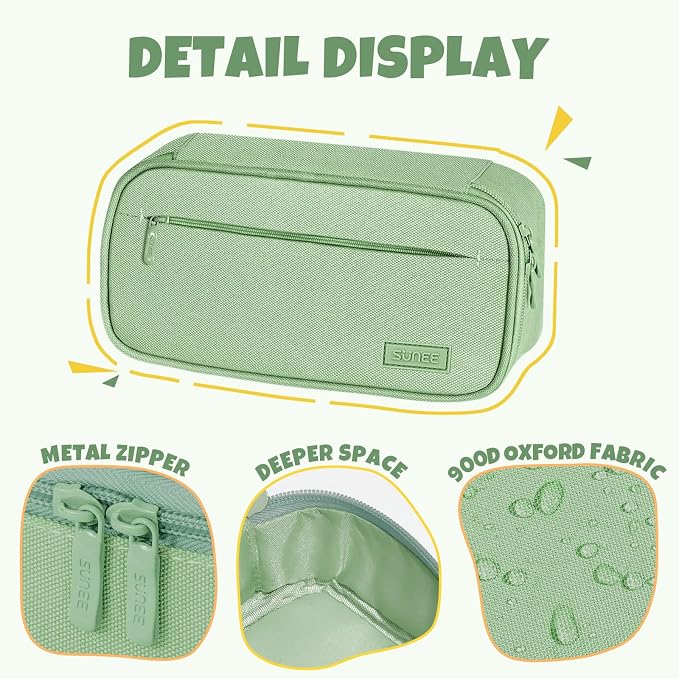 SUNEE Cute Pencil Case, Large Capacity Pencil Pouch, Big Storage Organizer for Stationery, Zipper Pen Bag, Back to School Supplies, Office Organizer Makeup Bag, for Teen Girl Boy Men Women, Green
