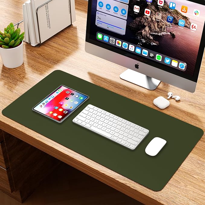 Leather Desk Pad Protector, Waterproof Mouse Pad, PU Desk Mat, Office Desk Cover, Desk Writing Mat for Office/Home/Work/Cubicle (Olive Green) 35.4x17 in