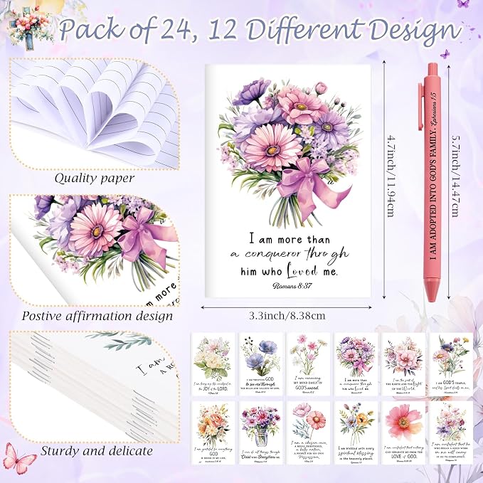 Mooliwe 48 Pcs Positive Affirmation Gift Set Gratitude Notebooks with Pens Small Bags Motivational Encouragement Notepads Daily Affirmations Journal for Women Stress Relief Self Care (Bible)
