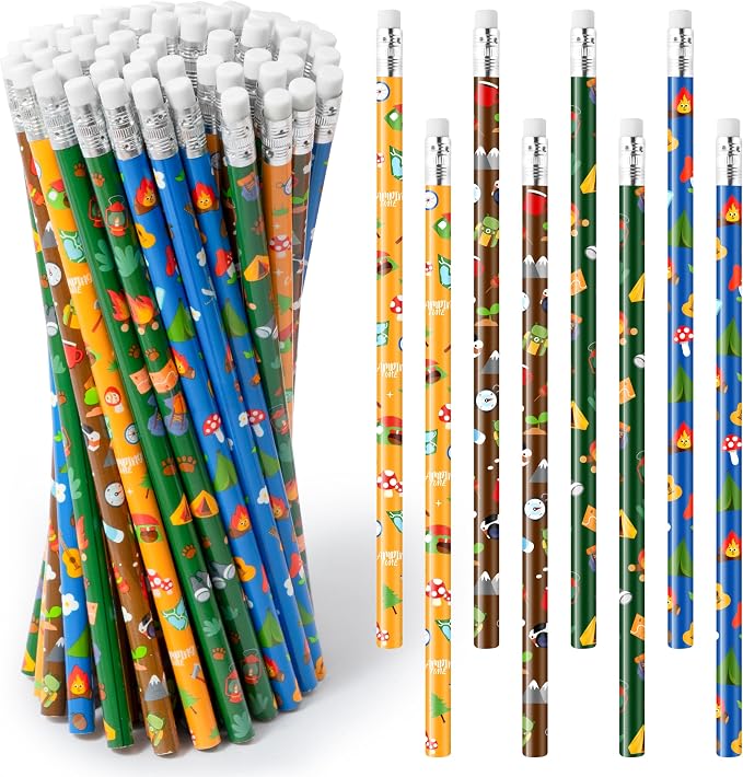 Xqumoi 60Pcs Camping Pencils with Erasers - 4 Designs #2 HB Pencils in Bulk Outdoor Camping Patterns Themed Stationery School Classroom Rewards Goodie Bag Fillers Stuffers Birthday Party Favors