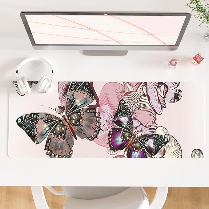 QiyI Large Mouse Pad, PU Leather Desk Blotter Protector, Waterproof Computer Desk Mat, Butterflies Keyboard Mouse Pads, Non Slip Base Home & Office Accessories, Extended Large Size 31.5" x 11.8"