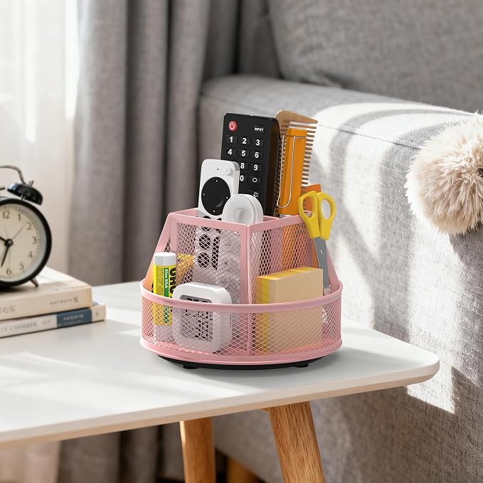 Docnest 360°Rotating Mesh Desk Organizer,6-Compartment Pen Holder,Pink | Heavy-duty metal holder with removable divider. Space-saving stationery storage for pencils, scissors & markers