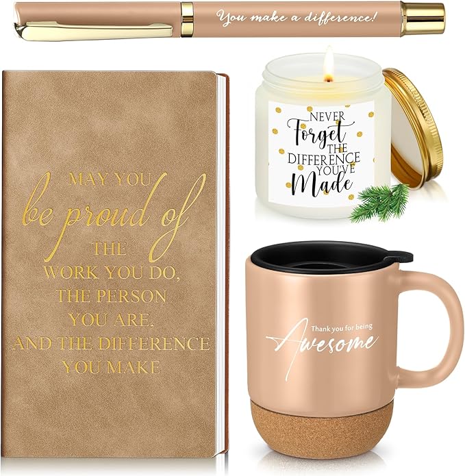 Sayglossy 4 Pcs Thank You Gifts Set for Men Back to School Teacher Appreciation Gift Leather Notebook Inspirational Coffee Mug Scented Candle Ballpoint Pen for Male Employee Coworker Boss Nurse, Gold
