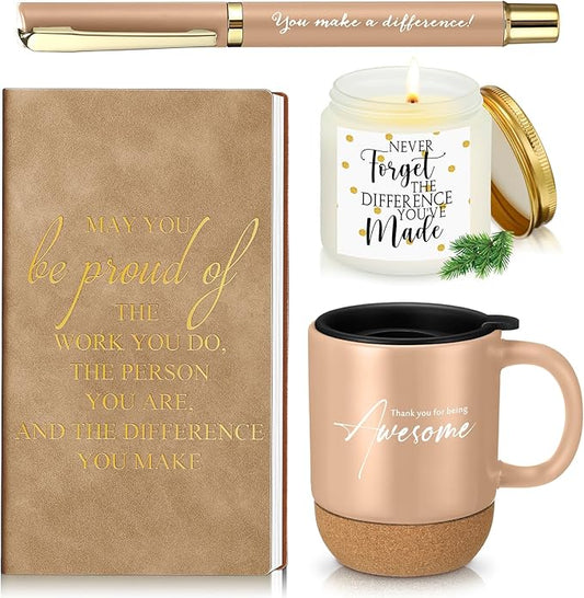 Sayglossy 4 Pcs Thank You Gifts Set for Men Back to School Teacher Appreciation Gift Leather Notebook Inspirational Coffee Mug Scented Candle Ballpoint Pen for Male Employee Coworker Boss Nurse, Gold