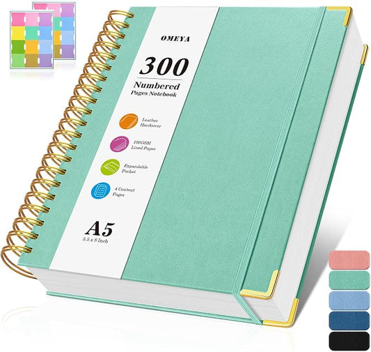 Spiral Notebook, 300 Numbered Pages Notebooks College Ruled with Contens | 100GSM Thick Journal for Women Men, Hardcover Leather Lined Journal for Writing,Large A5 Journaling Notebooks for Work School