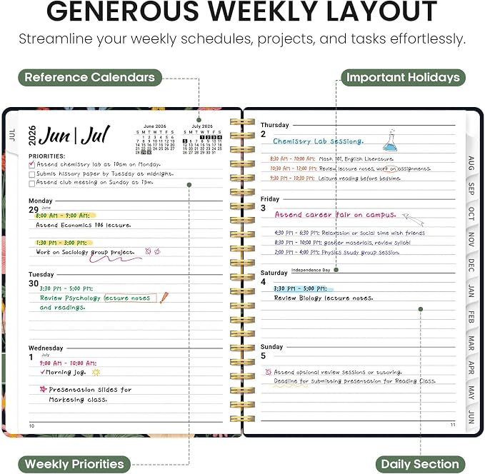 Planner 2026-2027, Academic Year Monthly and Weekly Calendar Planner, Jul 2026 - Jun 2027, Hardcover Teacher Student Planning Agenda book with Tabs, Perfect for School Office Supplies, 6.3" x 8.5" - Garden Bird