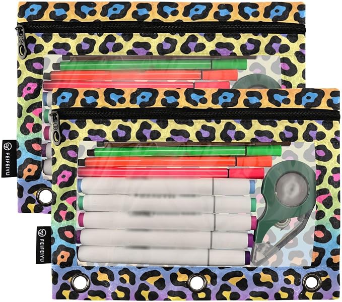 ALAZA Pencil Pouch for 3 Ring Binder, Leopard Print Rainbow Binder Pencil Pouches with Clear Window Zipper Pencil Case Cosmetic Bags for Office College Supplies, 2PCS