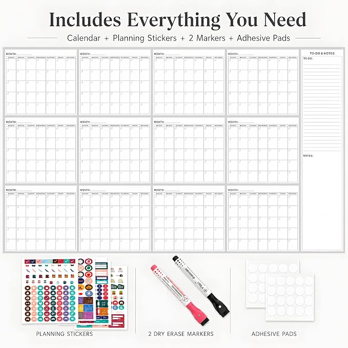 Extra Large Dry Erase Calendar for Wall 55" x 34" Undated Yearly Calendar | Vertical12 Month Layout, Reusable Whiteboard Calendar, Erasable Monthly Planner for Home Office School