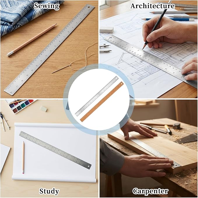 Metal Ruler 18 Inch - Stainless Steel Metal Ruler with Cork Backing Non-Slip Rulers with Inch and Centimeters Prevent Ink Leakage for School Office Drawing Engineering Tools