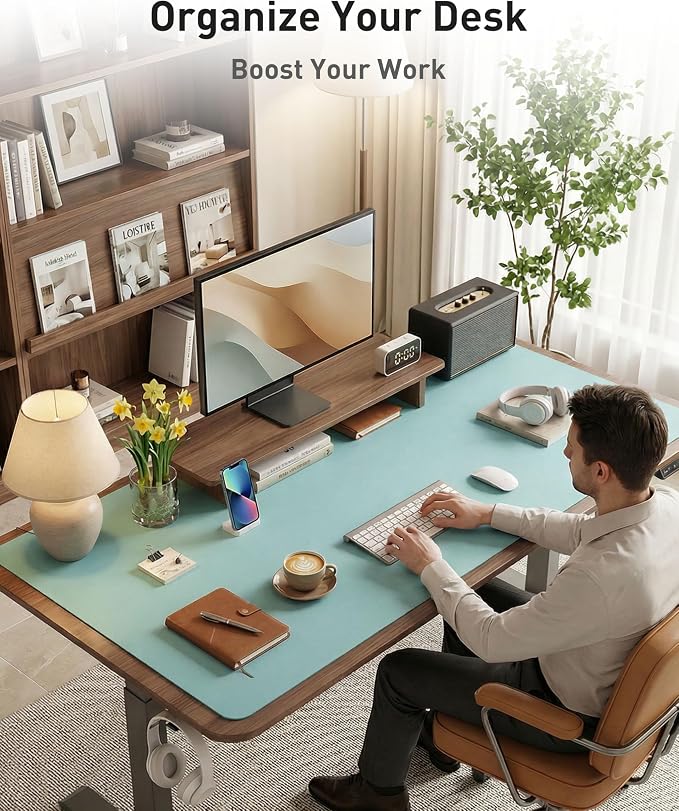 Aothia Faux Leather Desk Mat - Large Mouse Pad, Non-Slip PU Leather Blotter, Waterproof Writing Surface for Office and Home (Blue Topaz, 40" x 24")