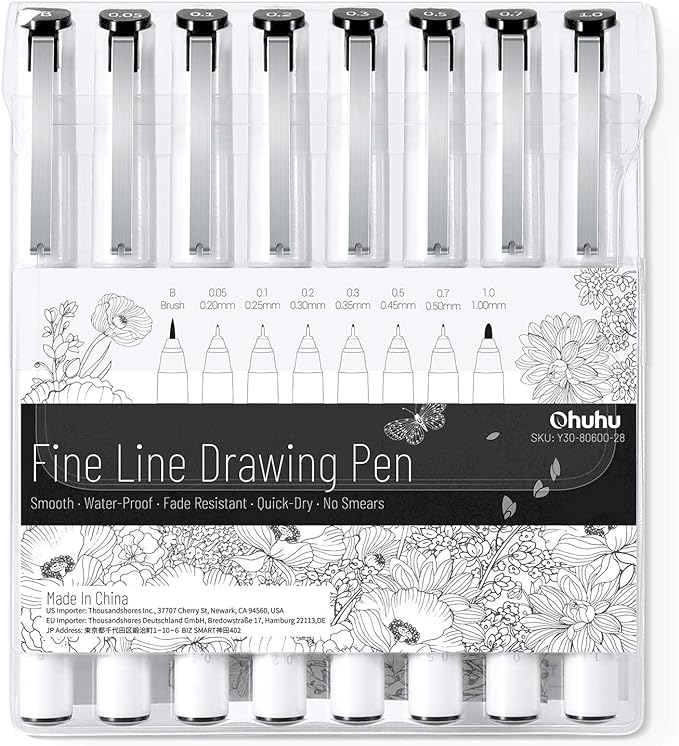 Ohuhu Fineliner Micro Drawing Pens: 8-size Tips (Ultra-fine, Fine & Brush) | Waterproof Pigment Black Ink for Illustration Drawing Journaling Sketching for Artist Beginners