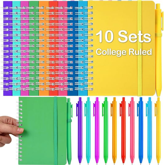 Fulmoon 10 Set Small Spiral Notebooks A6 with Pens Bulk, Multicolor 4" x 6" Pocket Notebooks Mini Lined Journals 50 Sheets for Back to School Supplies Students Rewards Office Gifts (Candy Brights)