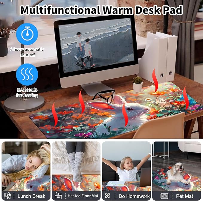 Warm Desk Pad,Heated Desk Pad,Office Mat,3 Heating Levels & 3 Hours Auto Shut-Off,31.5"*13" Gaming Mouse Laptop Keyboard Leather Desk Mat,Cute Rabbit Floral