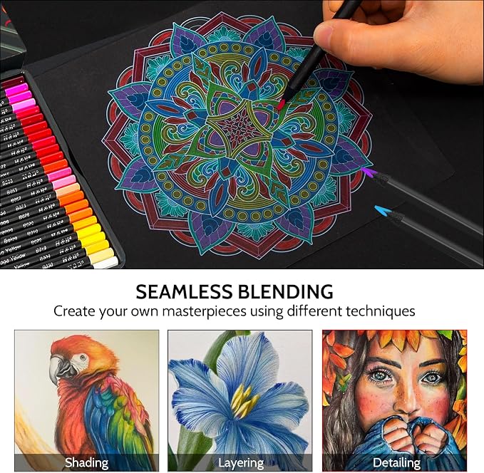 H & B 72-Color Oil-Based Colored Pencils Set with Tin Case – Triangular Grip, Vibrant Soft Core, Black Paper Swatch Sheet & Mandala Stencils for Adults, Beginners & Artists