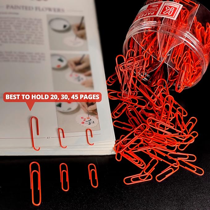 Kempshott 450 Red Color Paper Clips Assorted Sizes Small, Medium and Large Paper Clips for Paperwork Ideal for Home, School and Office Use (Assorted, Red)