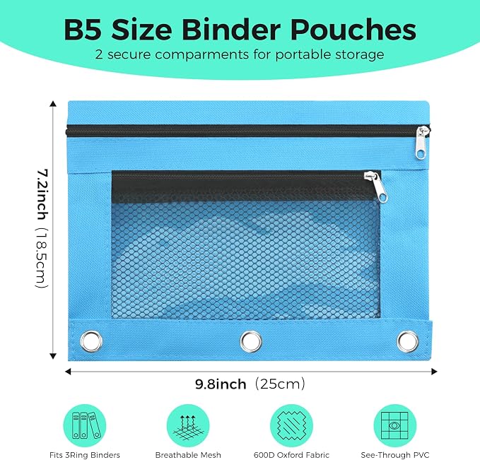 Pencil Pouch for 3 Ring Binder, Pencil Case with Zipper, 600D Fabric Pencil Pouch Bag Holder Accessories, Clear Window Pencil Case Aesthetic Back to School Organizer Pockets for Boy Girl (Sky Blue)