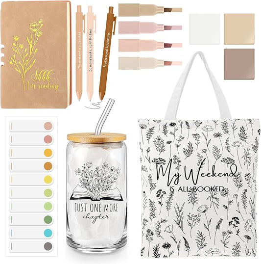 Havawish 14 Pcs Book Lovers Gift for Women 16 oz Glass Cup Tote Bag A6 Journal Notebook Pens Highlighters Sticky Notes Back to School Teacher Librarian Bookish Book Club(Khaki,Aesthetic)