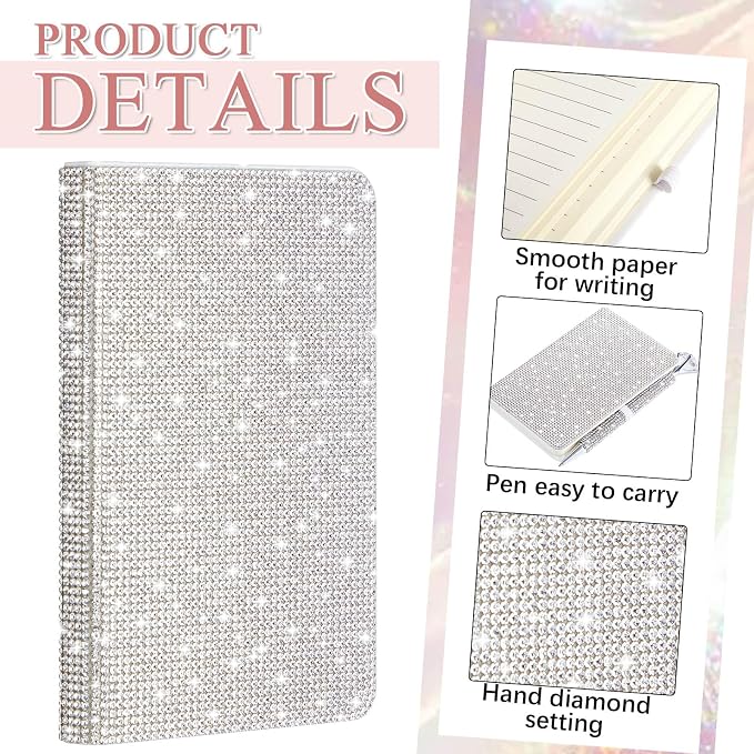 Rhinestone Pen & Glitter Notebook Set, Hard Cover Bling Diary Journal for Girls, Cute School Supplies for Back to School, Sparkly Desk Accessories Gift for Women(Rhinestone,A6,White)
