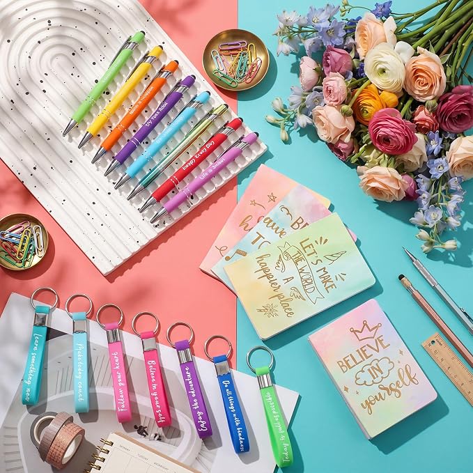 PerKoop 48 Pcs Inspirational Gifts Bulk Motivational Employee Notepads Ballpoint Pens Keychains Set for Staff Coworker Appreciation Gifts for Teachers Nurse Women Office Party Favor Supplies