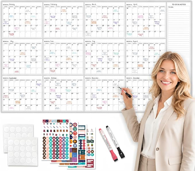 Extra Large Dry Erase Calendar for Wall 55" x 34" Undated Yearly Calendar | Vertical12 Month Layout, Reusable Whiteboard Calendar, Erasable Monthly Planner for Home Office School