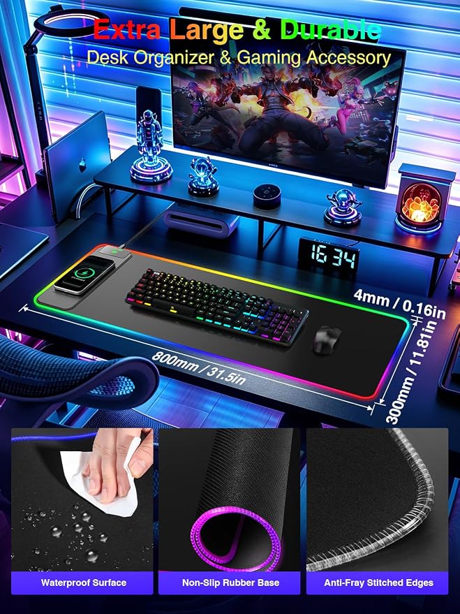 Wireless Charging Mouse Pad Gaming, 31.5"x11.8" Large Desk Mat, Waterproof | RGB Mousepad, Smooth Glide, Stitched Edge, Non-Slip Rubber Base, Desk Pad Computer Keyboard Mat, No Adapter