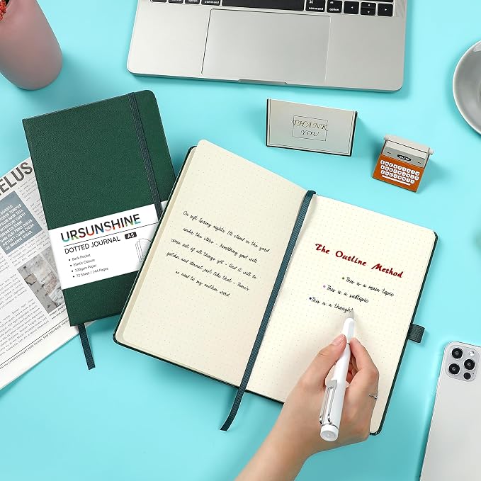 Dotted Journal/Notebook - Dot Grid Hard Cover Notebook, Premium Thick Paper with Fine Inner Pocket, Black Smooth Faux Leather, Pen Loop, 5.3'' x 8.26'' - Turquoise