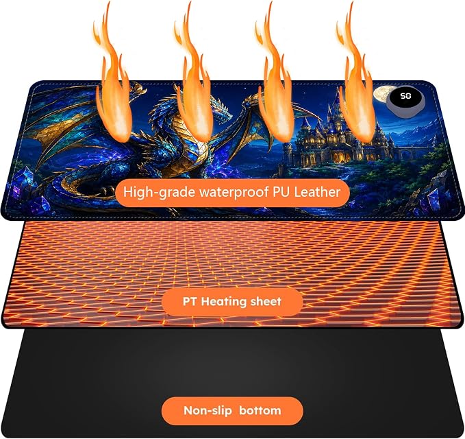 Large Heated Mouse Pad–23.6" x 14.2" Desk Mat for Office | 3 Adjustable Heat Levels,Auto Shut-Off After 3 Hours for Safety,Keeps Hands Warm While Working，Castle Dragon